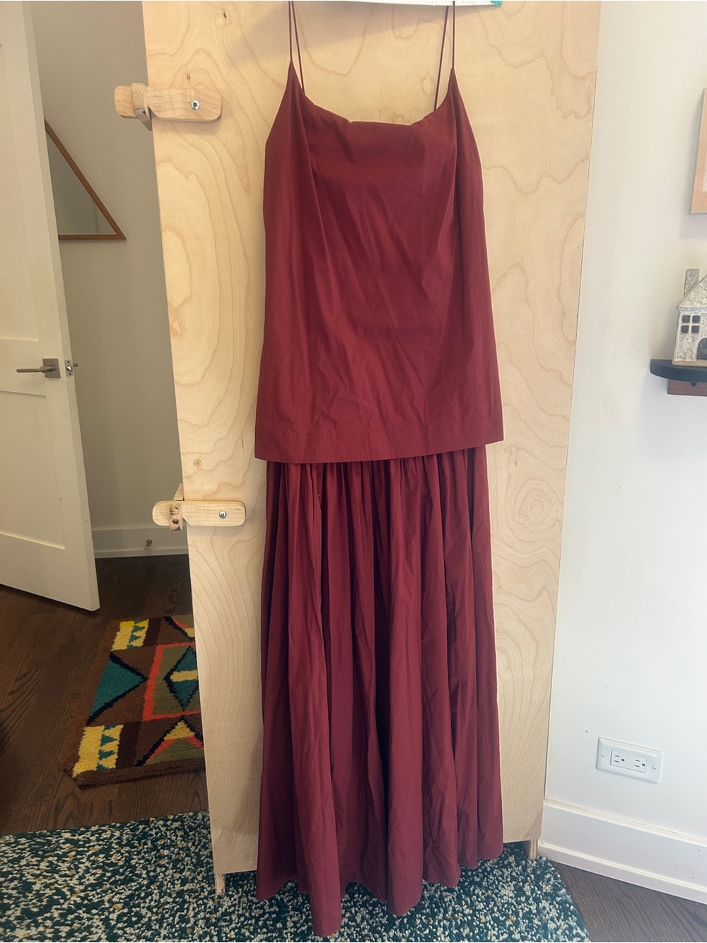 Staud Burgundy Poplin Spaghetti Strap Drop Waist Dress
